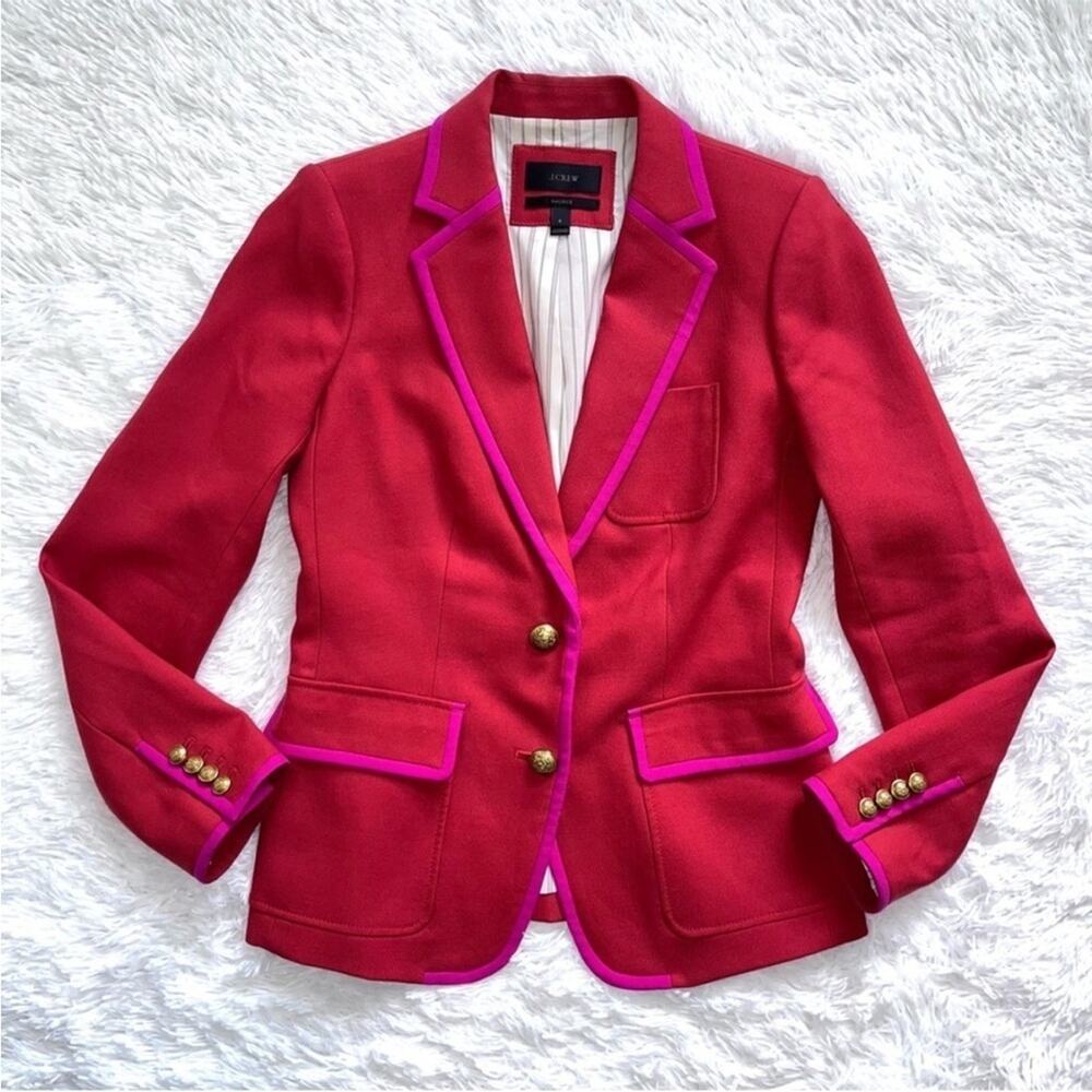J. Crew | RARE ✨ Red With Hot Pink tipped Trim Wool Rhodes Blazer Size 4 - Picture 4 of 9